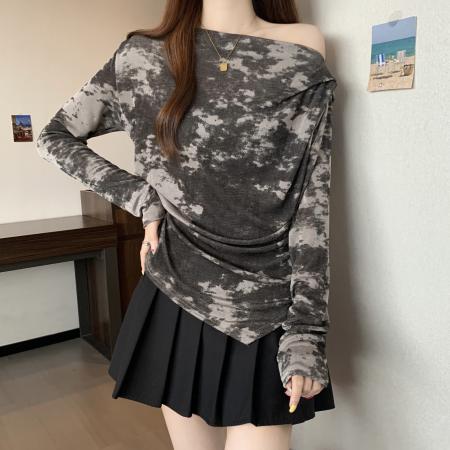 FA40907# 胖MM大码女装秋季新款扎染设计感长袖T恤一字露肩上衣潮 服裝批發女裝批發服飾貨源
