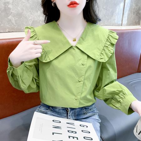 FA40915# 秋季新款时尚韩版娃娃领拼接长袖衬衫女气质百搭上衣 服裝批發女裝批發服飾貨源
