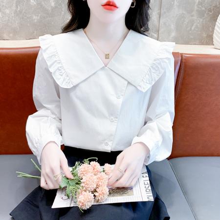 FA40915# 秋季新款时尚韩版娃娃领拼接长袖衬衫女气质百搭上衣 服裝批發女裝批發服飾貨源