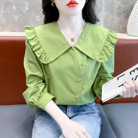 FA40915# 秋季新款时尚韩版娃娃领拼接长袖衬衫女气质百搭上衣 服裝批發女裝批發服飾貨源