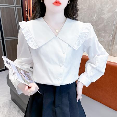 FA40915# 秋季新款时尚韩版娃娃领拼接长袖衬衫女气质百搭上衣 服裝批發女裝批發服飾貨源