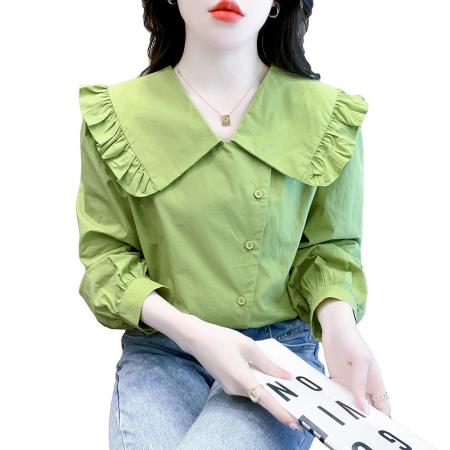 FA40915# 秋季新款时尚韩版娃娃领拼接长袖衬衫女气质百搭上衣 服裝批發女裝批發服飾貨源