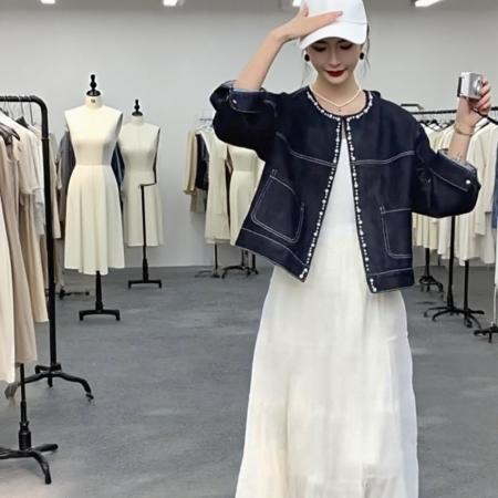 FA40919# 重工订珠殴州站韩版时尚减龄休闲宽松百搭牛仔外套 服裝批發女裝批發服飾貨源