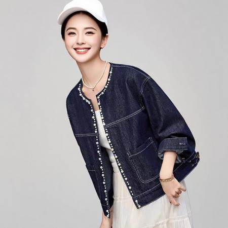 FA40919# 重工订珠殴州站韩版时尚减龄休闲宽松百搭牛仔外套 服裝批發女裝批發服飾貨源