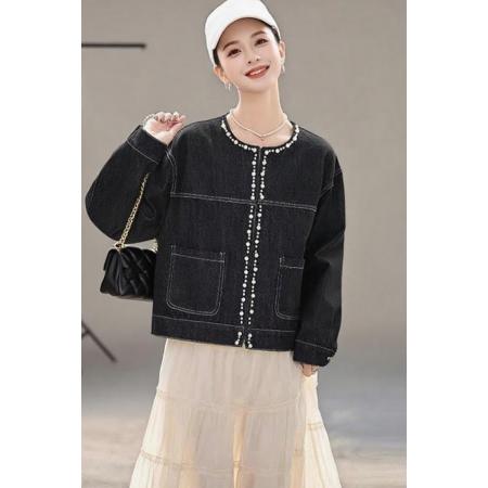 FA40919# 重工订珠殴州站韩版时尚减龄休闲宽松百搭牛仔外套 服裝批發女裝批發服飾貨源
