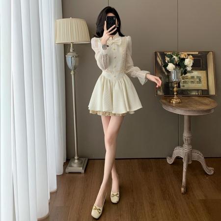 FA40921# 小香风高级感蝴蝶结蕾丝收腰长袖连衣裙女秋冬重工刺绣立领蓬蓬裙 服裝批發女裝批發服飾貨源