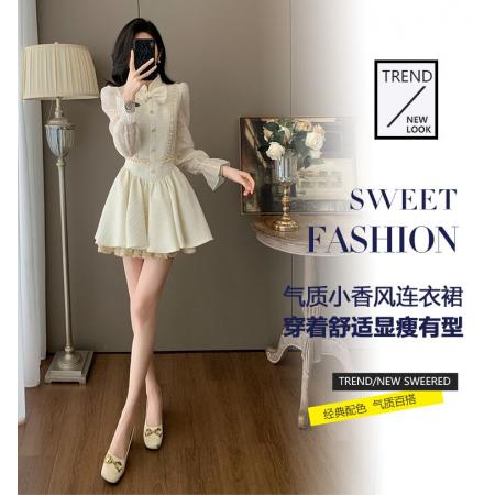 FA40921# 小香风高级感蝴蝶结蕾丝收腰长袖连衣裙女秋冬重工刺绣立领蓬蓬裙 服裝批發女裝批發服飾貨源