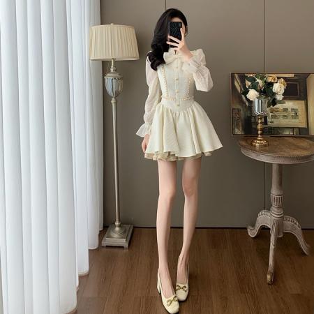 FA40921# 小香风高级感蝴蝶结蕾丝收腰长袖连衣裙女秋冬重工刺绣立领蓬蓬裙 服裝批發女裝批發服飾貨源