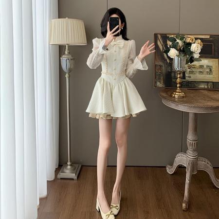FA40921# 小香风高级感蝴蝶结蕾丝收腰长袖连衣裙女秋冬重工刺绣立领蓬蓬裙 服裝批發女裝批發服飾貨源