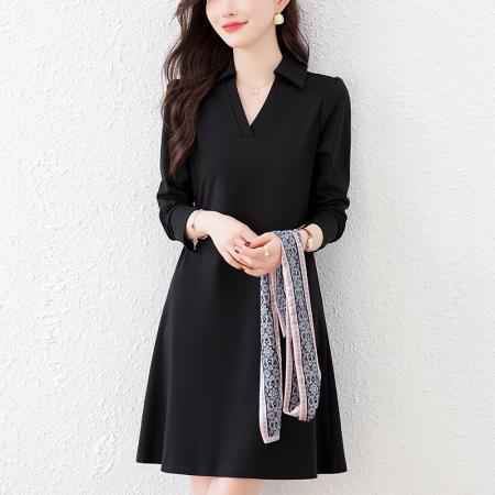 FA40923# 大码秋季新款时尚宽松设计师高级感减龄轻奢气质连衣裙送丝巾 服裝批發女裝批發服飾貨源