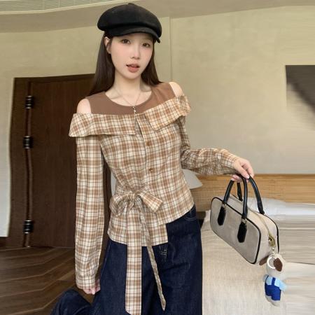 FA40924# 大码秋季法式设计感拼接假两件格子衬衫复古系带露肩上衣 服裝批發女裝批發服飾貨源