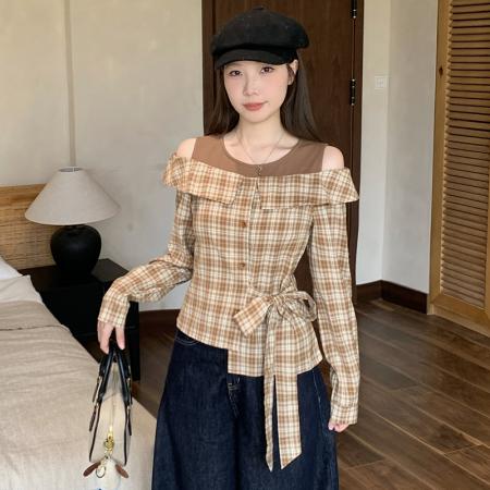 FA40924# 大码秋季法式设计感拼接假两件格子衬衫复古系带露肩上衣 服裝批發女裝批發服飾貨源