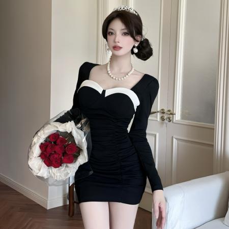 FA40925# 棉质长袖撞色打底包臀短款紧身连衣裙 服裝批發女裝批發服飾貨源