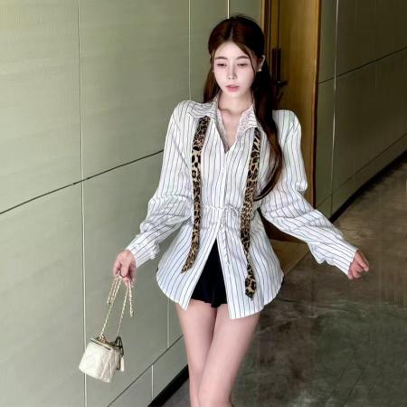 FA40929# 新款条纹单排扣收腰修身显瘦气质长袖衬衫百搭上衣 服裝批發女裝批發服飾貨源