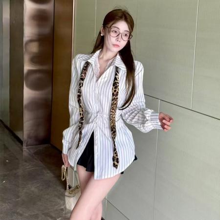 FA40929# 新款条纹单排扣收腰修身显瘦气质长袖衬衫百搭上衣 服裝批發女裝批發服飾貨源