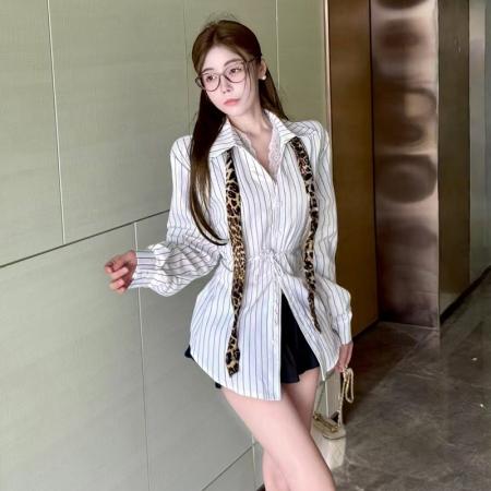 FA40929# 新款条纹单排扣收腰修身显瘦气质长袖衬衫百搭上衣 服裝批發女裝批發服飾貨源