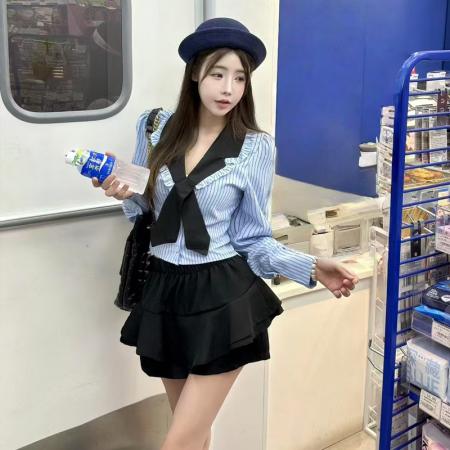 FA40930# 新款春秋POLO领气质修身衬衣+高腰短裙学院风辣妹套装 服裝批發女裝批發服飾貨源