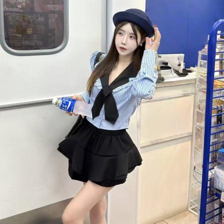 FA40930# 新款春秋POLO领气质修身衬衣+高腰短裙学院风辣妹套装 服裝批發女裝批發服飾貨源