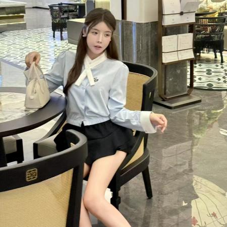 FA40932# 春秋POLO领气质抽绳蝴蝶结修身衬衣+高腰短裙学院风辣妹套装 服裝批發女裝批發服飾貨源