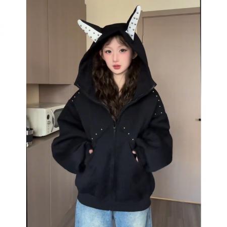 FA40940# 秋季新款美式风犬耳朵设计感高级连帽宽松铆钉拼接长袖外套女 服裝批發女裝批發服飾貨源