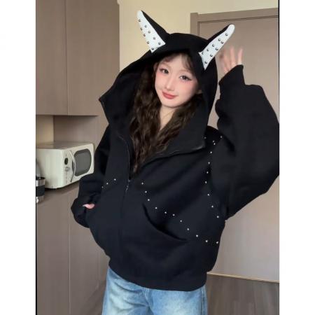FA40940# 秋季新款美式风犬耳朵设计感高级连帽宽松铆钉拼接长袖外套女 服裝批發女裝批發服飾貨源