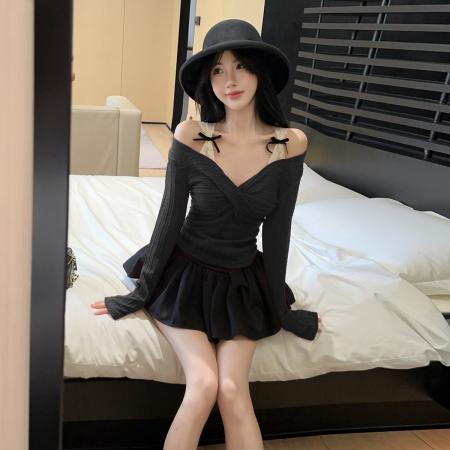 FA40945# 性感纯欲辣妹扭结V领假两件蕾丝吊带长袖针织衫露肩打底上衣 服裝批發女裝批發服飾貨源
