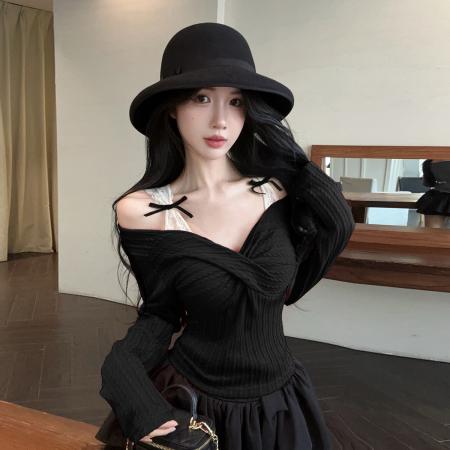 FA40945# 性感纯欲辣妹扭结V领假两件蕾丝吊带长袖针织衫露肩打底上衣 服裝批發女裝批發服飾貨源