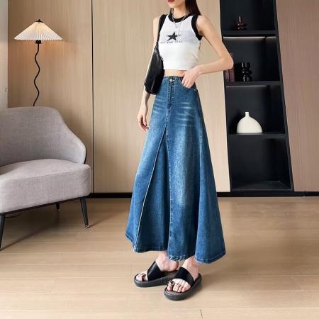 FA40950# 复古蓝色牛仔半身裙女春秋季新款高腰宽松显瘦A字大摆长裙子 服裝批發女裝批發服飾貨源