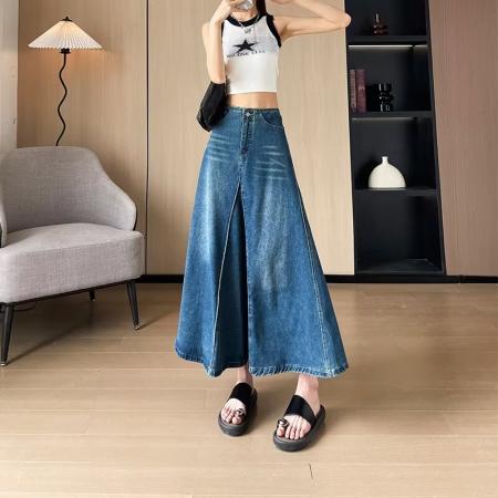 FA40950# 复古蓝色牛仔半身裙女春秋季新款高腰宽松显瘦A字大摆长裙子 服裝批發女裝批發服飾貨源