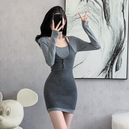 FA40953# 秋冬法式假两件拼接超修身纯欲包臀打底针织连衣裙女 服裝批發女裝批發服飾貨源
