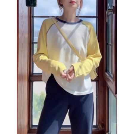 FA40960# 大码时尚撞色插肩长袖T恤女早秋新款胖mm宽松显瘦设计感上衣 服裝批發女裝批發服飾貨源