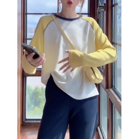 FA40960# 大码时尚撞色插肩长袖T恤女早秋新款胖mm宽松显瘦设计感上衣 服裝批發女裝批發服飾貨源