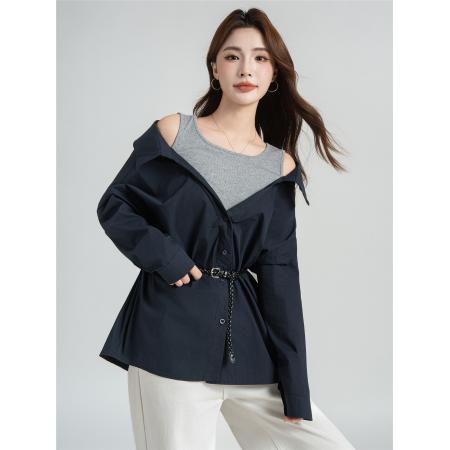 FA40962# 法式气质收腰露肩假两件白色长袖衬衫外套女初秋衬衣上衣 服裝批發女裝批發服飾貨源