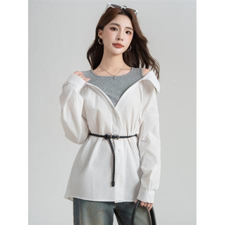 FA40962# 法式气质收腰露肩假两件白色长袖衬衫外套女初秋衬衣上衣 服裝批發女裝批發服飾貨源