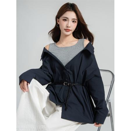 FA40962# 法式气质收腰露肩假两件白色长袖衬衫外套女初秋衬衣上衣 服裝批發女裝批發服飾貨源