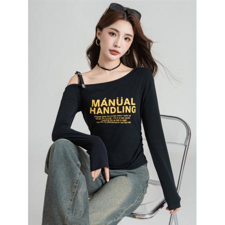 FA40963# 设计感肩带可调节字母印花长袖T恤女时尚显瘦露肩上衣潮 服裝批發女裝批發服飾貨源