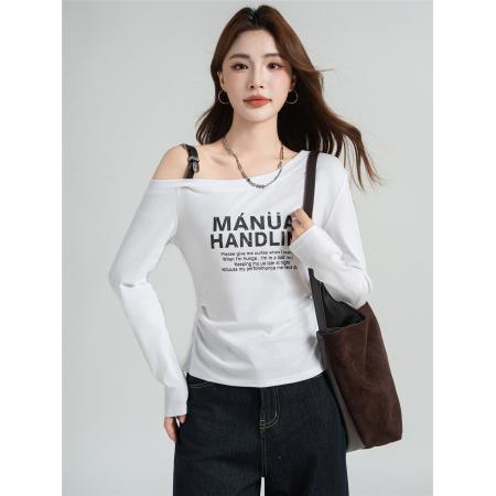 FA40963# 设计感肩带可调节字母印花长袖T恤女时尚显瘦露肩上衣潮 服裝批發女裝批發服飾貨源