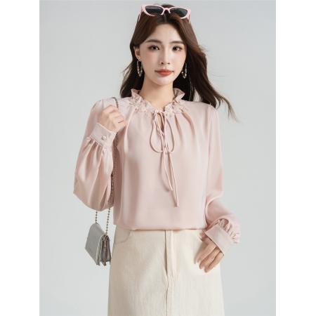 FA40964# 法式温柔气质面试衬衫女士职业通勤衬衣长袖木耳边上衣 服裝批發女裝批發服飾貨源