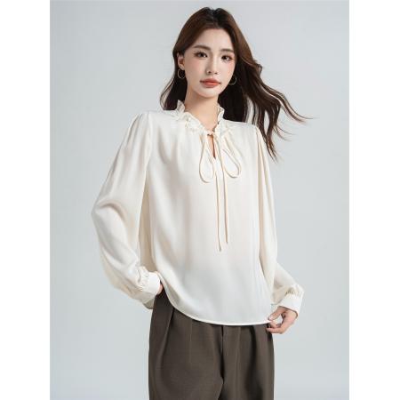 FA40964# 法式温柔气质面试衬衫女士职业通勤衬衣长袖木耳边上衣 服裝批發女裝批發服飾貨源