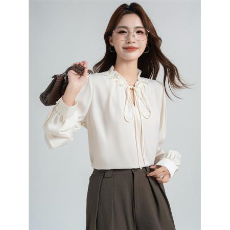 FA40964# 法式温柔气质面试衬衫女士职业通勤衬衣长袖木耳边上衣 服裝批發女裝批發服飾貨源