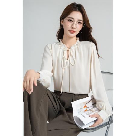 FA40964# 法式温柔气质面试衬衫女士职业通勤衬衣长袖木耳边上衣 服裝批發女裝批發服飾貨源