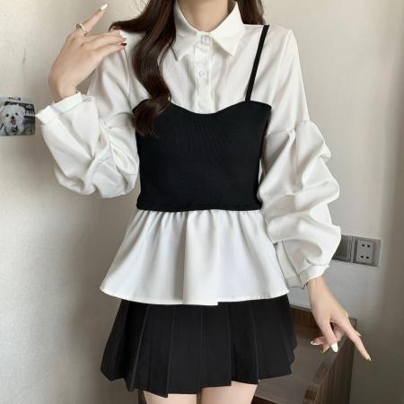 FA40965# 大码秋季新款法式气质假两件衬衫女设计感小众收腰长袖上衣 服裝批發女裝批發服飾貨源