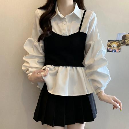FA40965# 大码秋季新款法式气质假两件衬衫女设计感小众收腰长袖上衣 服裝批發女裝批發服飾貨源