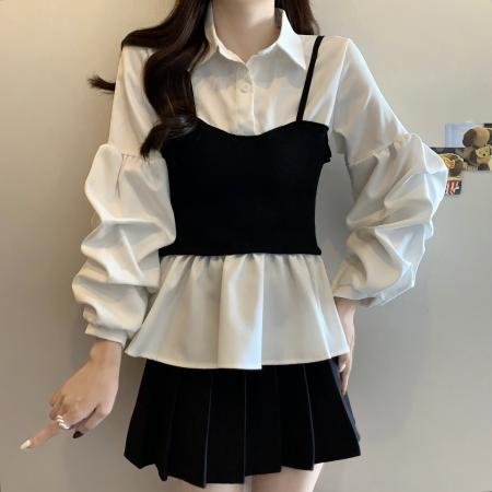 FA40965# 大码秋季新款法式气质假两件衬衫女设计感小众收腰长袖上衣 服裝批發女裝批發服飾貨源