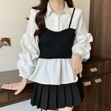 FA40965# 大码秋季新款法式气质假两件衬衫女设计感小众收腰长袖上衣 服裝批發女裝批發服飾貨源