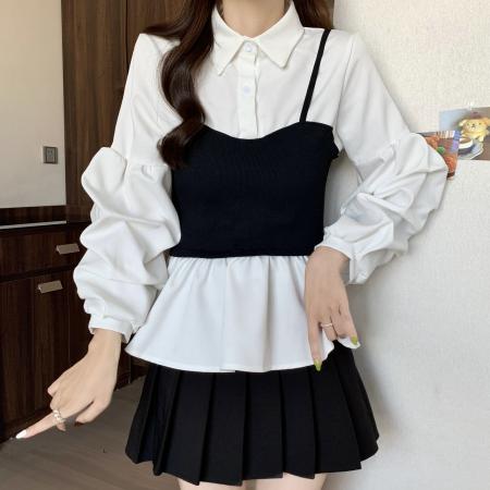 FA40965# 大码秋季新款法式气质假两件衬衫女设计感小众收腰长袖上衣 服裝批發女裝批發服飾貨源