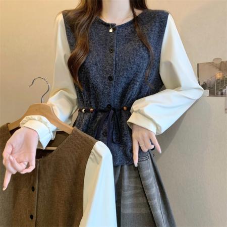 FA40966# 新版韩风设计感法式蝴蝶结灯芯绒拼色上衣 服裝批發女裝批發服飾貨源