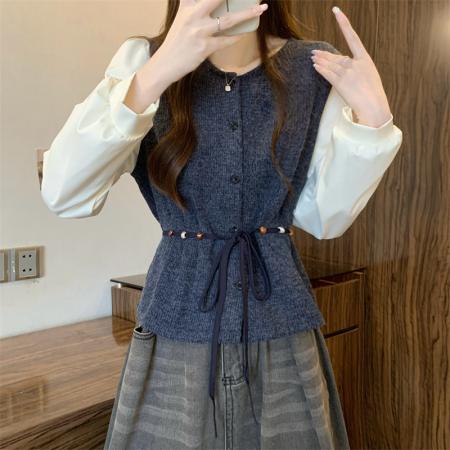 FA40966# 新版韩风设计感法式蝴蝶结灯芯绒拼色上衣 服裝批發女裝批發服飾貨源