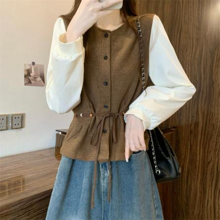 FA40966# 新版韩风设计感法式蝴蝶结灯芯绒拼色上衣 服裝批發女裝批發服飾貨源