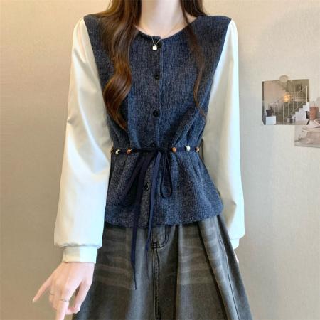 FA40966# 新版韩风设计感法式蝴蝶结灯芯绒拼色上衣 服裝批發女裝批發服飾貨源